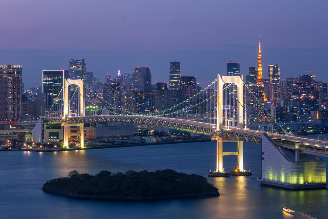 球体展望室「はちたま」から撮影した東京タワーとレインボーブリッジの写真