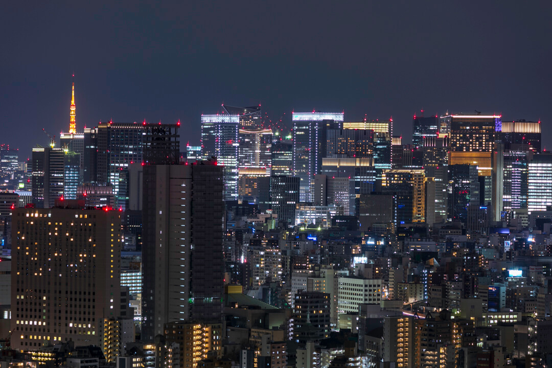 スカイツリーイーストタワー展望エリアから撮影した東京タワーと高層ビル群
