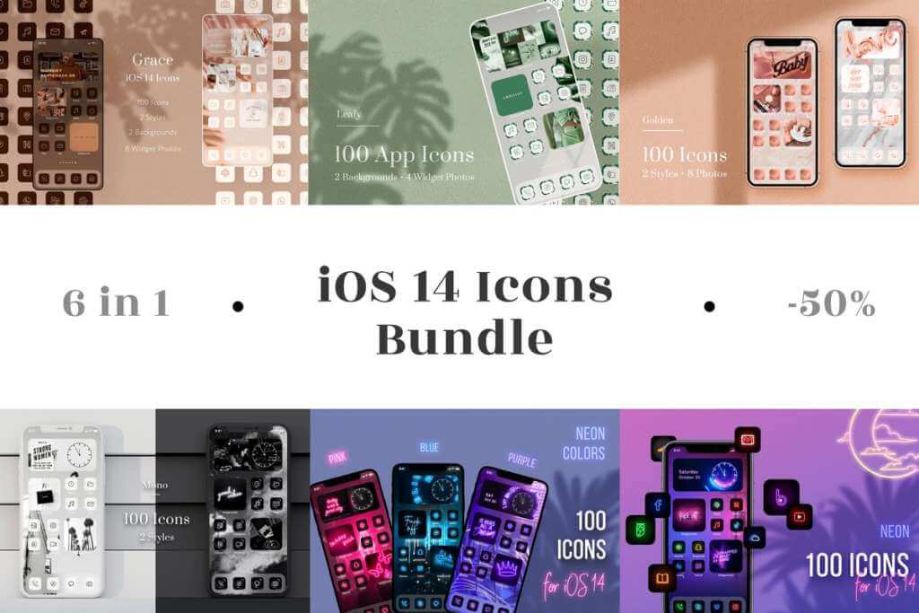 iOS 14 Icons 6 in 1 BUNDLEで配布されている有料のアイコン素材